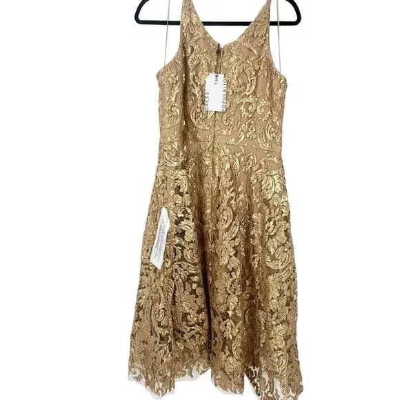 Dress the Population Sequin Lace Blair Dress Floral Gold Nude Size L NWT